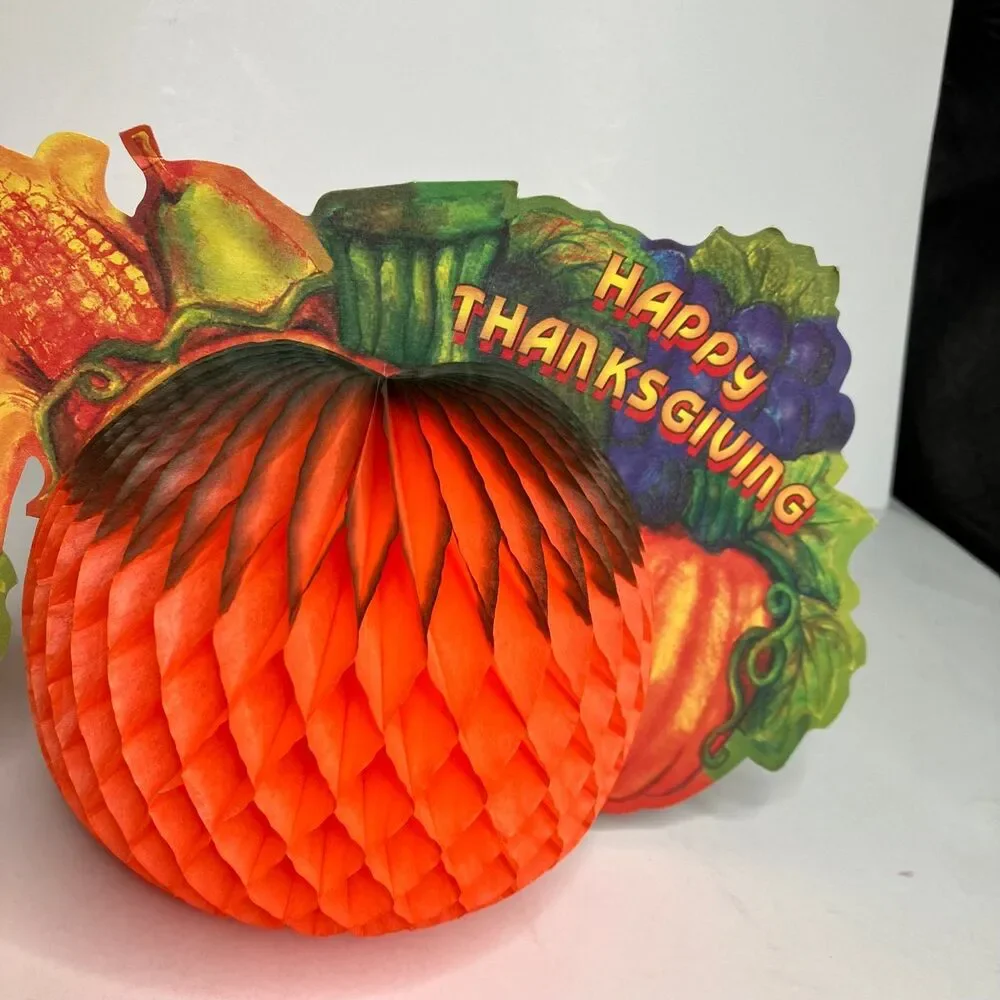 Happy Thanksgiving Honeycomb Crepe Paper Pumpkins Lot Of 2 Centerpieces